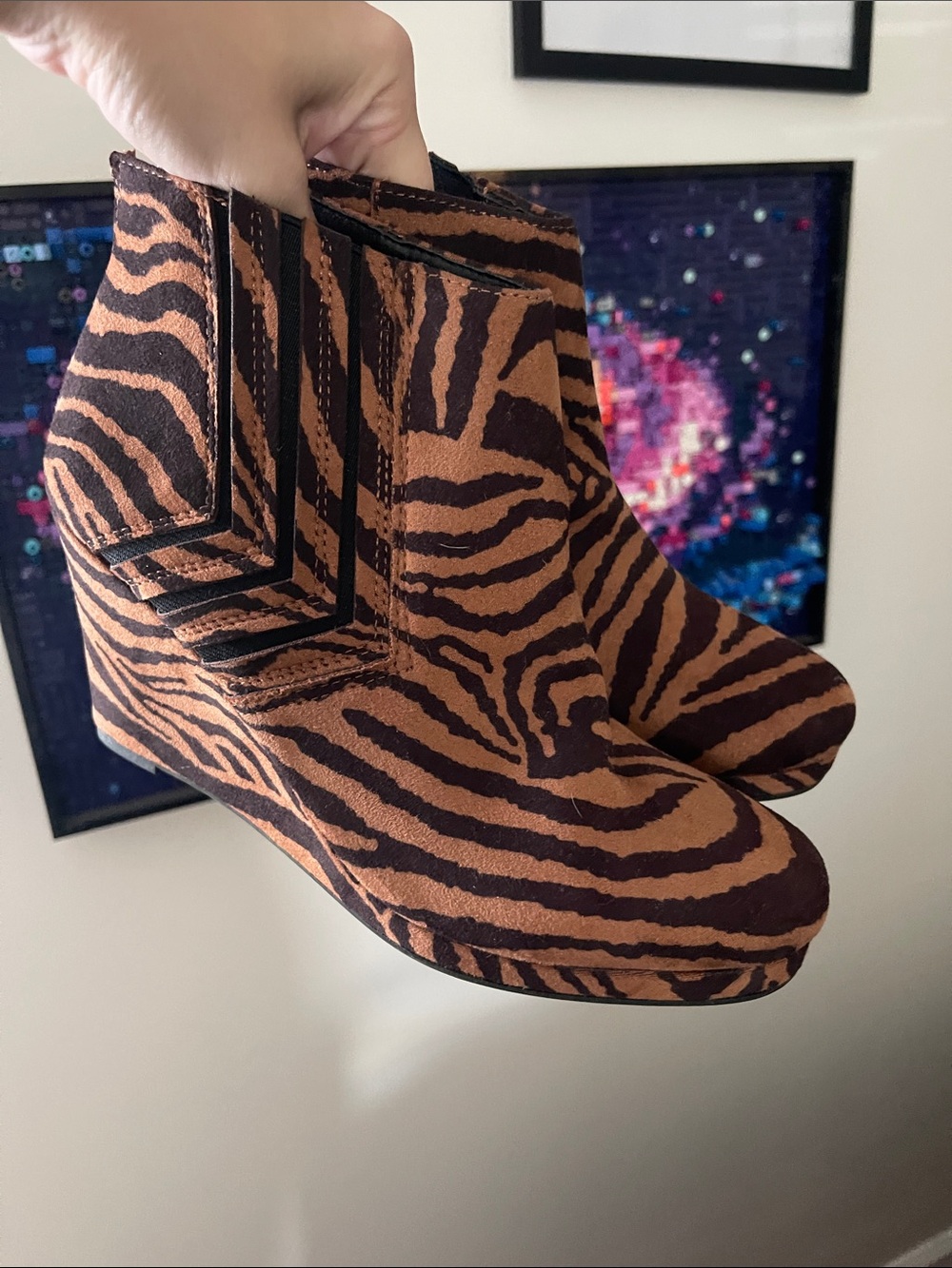 Sugar Brown and Black Zebra-Print Wedge Ankle Boots